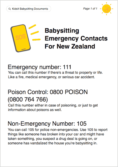 Babysitting emergency numbers for New Zealand