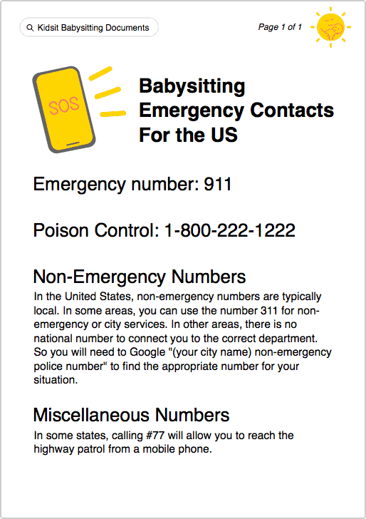 Babysitting emergency numbers for the US