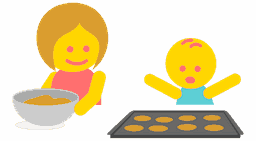 Babysitter cooking cookies with boy