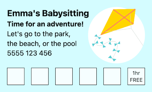 Adventure babysitting loyalty card