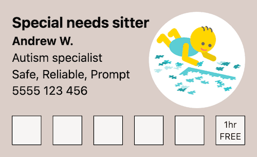 Autism specialist babysitting loyalty card