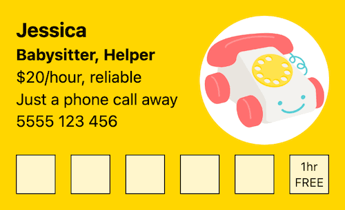 Babysitter helper loyalty card