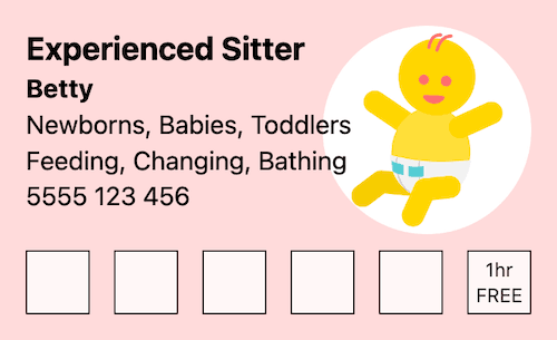 Newborn babysitter loyalty card