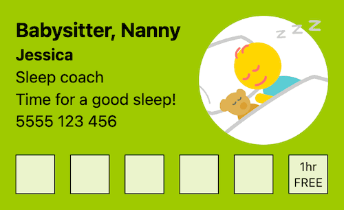 Sleep coach babysitter loyalty card